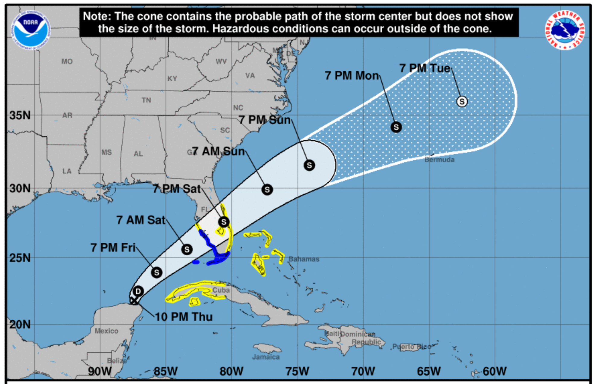 Weather diagram
depicting the path of the tropical storm