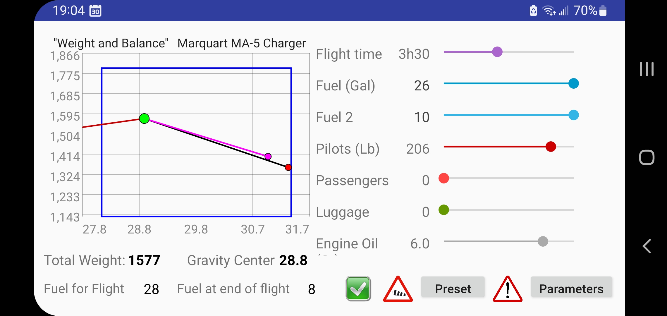 Screenshot of a weight and balance app, which
shows a graph of weights and balances