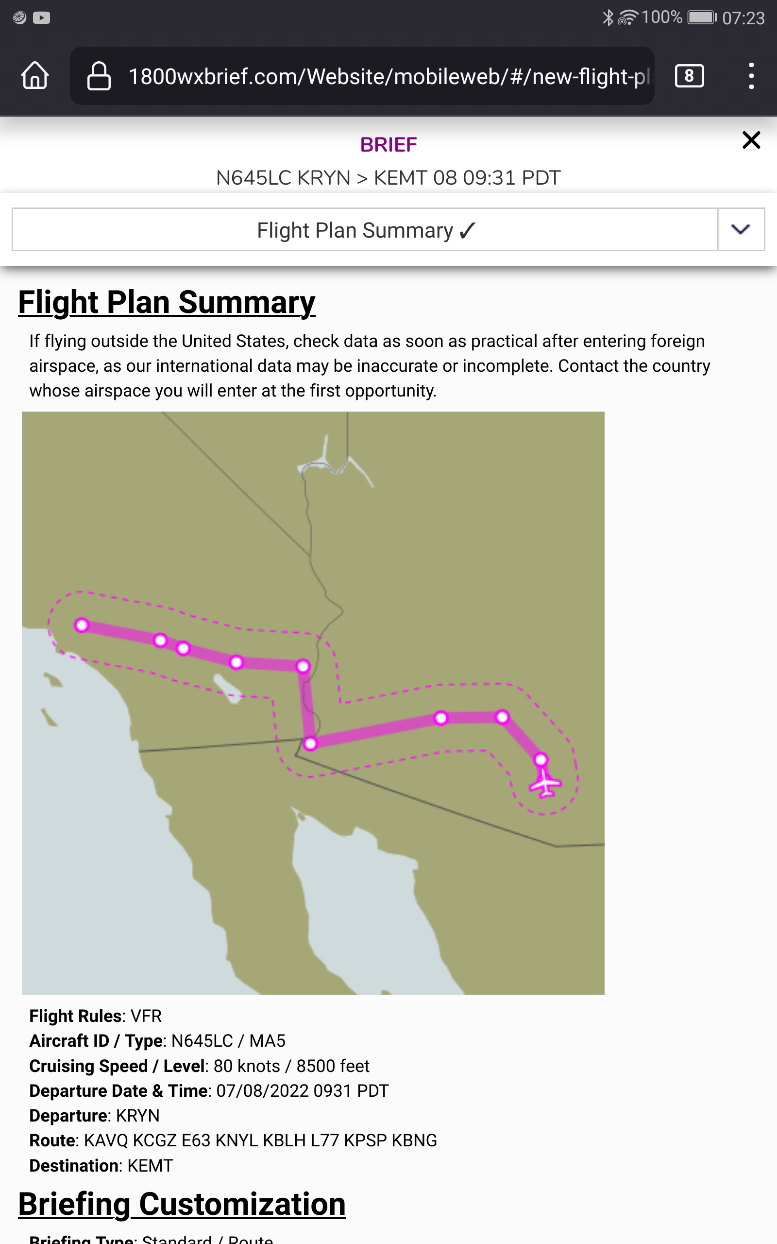 Screenshot showing a sort of Z-shaped route stretching between Tucson
and Los Angeles