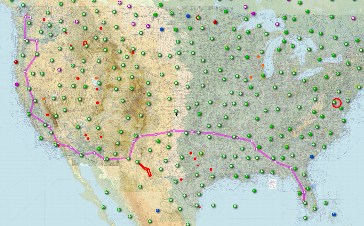 Screenshot of
a map, showing the final flight path from Lakeland, Florida to Seattle,
Washington