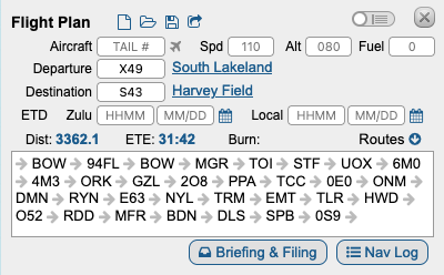 Screenshot of
a flight planning box from skyvector.com, showing all the airports
along the path